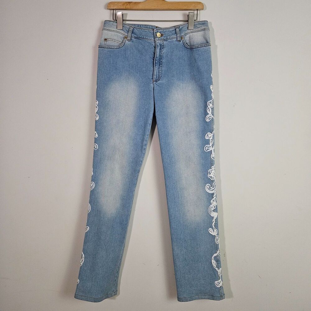 Escada Women's Jean 40 Blue Ribbon Embroidery Straight Leg Casual Maximalist